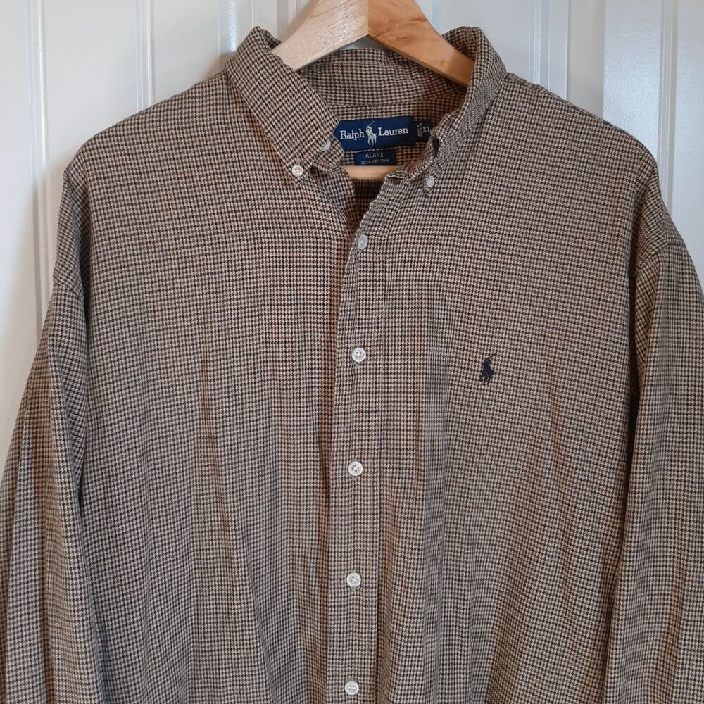 Ralph Lauren Blake Shirt Houndstooth Brown & Tan Print Button Down Shirt SZ XL